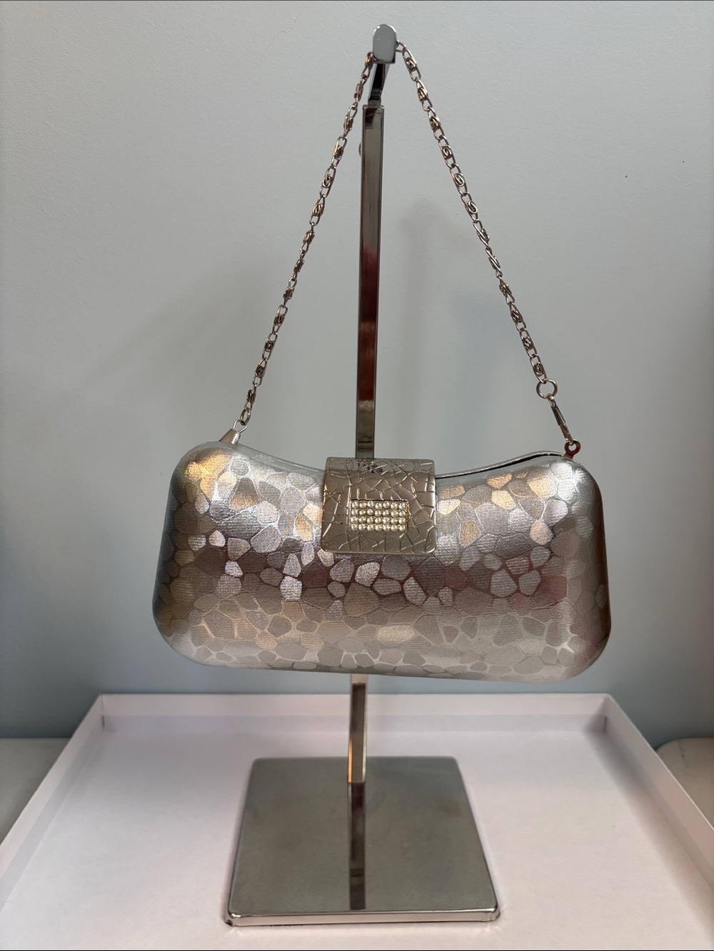 Metallic Silver Evening Clutch with Chain Strap